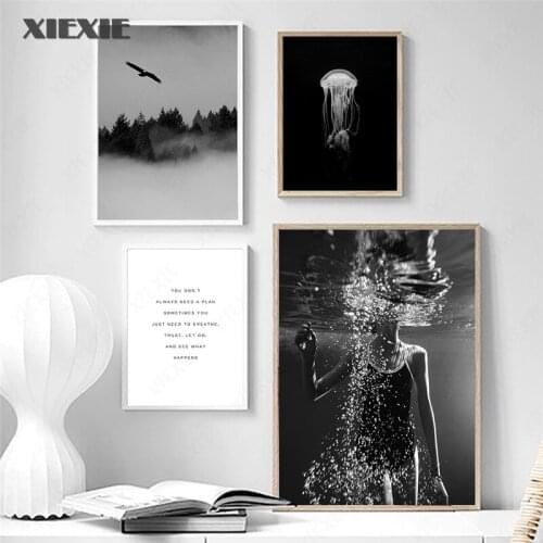 Modern Canvas Painting Landscape Wall Art Poster Black and White Print Jellyfish Nordic Pictures for Living Room Home Decor
