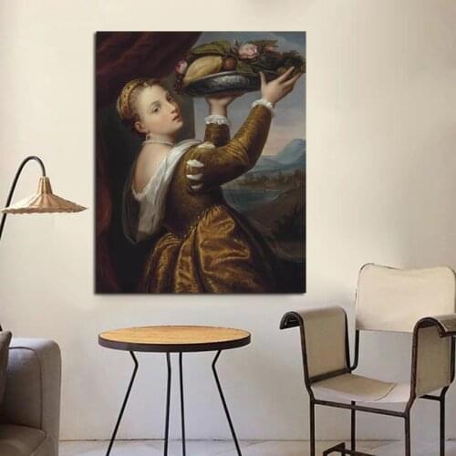 Tiziano Vecellio Woman Holding Fruit Plate Canvas Painting Print Living Room Home Decoration Modern Wall Art Oil Painting Poster
