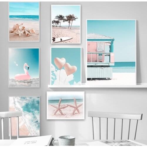 Tropical Sea Beach Starfish Surfboard Flamingo Wall Art Canvas Painting Nordic Posters And Prints Wall Pictures For Living Room