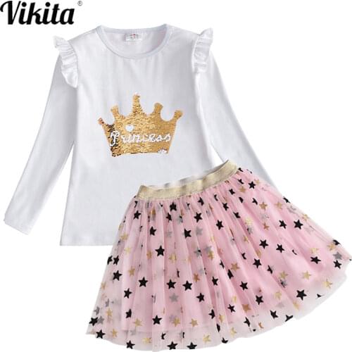 VIKITA Girls Autumn Clothing Children Cotton Long Sleeve T Shirt Tops and Princess Tutu Layerd Skirts Kids Girls Clothing Sets