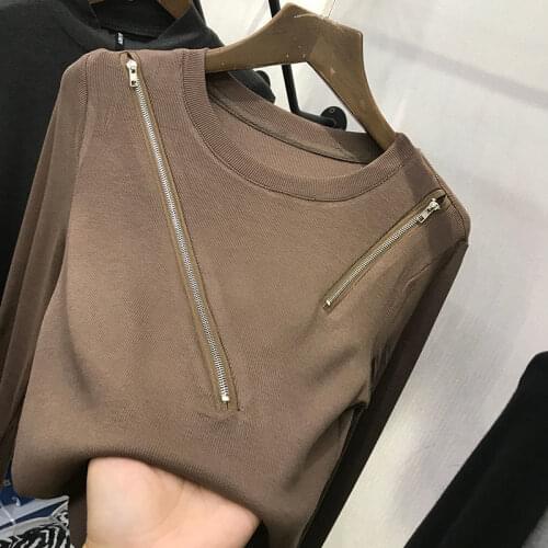 2021 New Spring Autumn Retro Solid Color Women Shirt Long Sleeve Zipper Temperament Womens Casual Slim T Shirt Y203