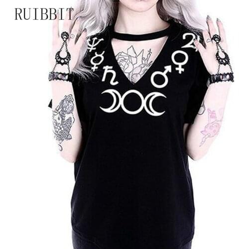 Gothic Symbol Moon Pattern T-shirt Women Summer Short Sleeve Punk Style Tops Tee witch Symbol T Shirt for Goth Girls Plus Size