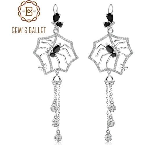 GEMS BALLET Spider Black Spinel Long Earrings 925 Sterling Sliver Vintage Gothic Punk Drop Earrings For Women Party Jewelry
