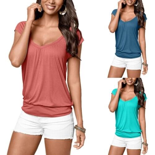 Womens T Shirts Summer Solid Color Print Short Sleeve Loose T-Shirt Top Casual Plus Size Pullover Top V Neck Female Shirts