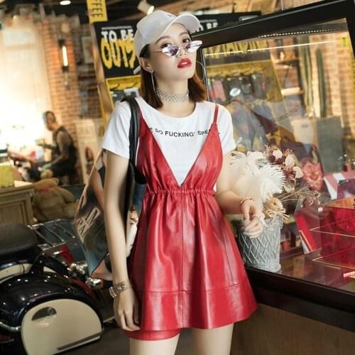 Spring Designer 2020 Women V-Neck Genuine Dress Real Leather Red Black Sleeveless Mini A-Line Dresses Lady Party Clothes