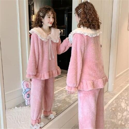 Winter Women Pajamas Warm Cute Night Sleepwear Pijama Mujer Flannel Full-Sleeve Pajamas Set Ladies Homewear Pyjama Girls Clothes