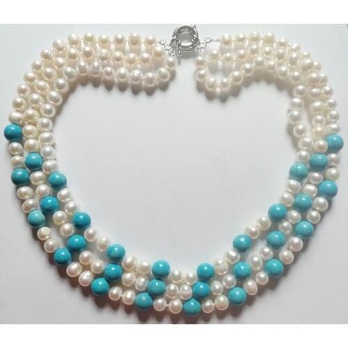 3 strands 8x9mm white pearl blue stone mixed necklace natural Freshwater PEARL Women Jewelry 35cm 43cm 14'' 17