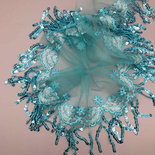 5 yards Blue Voile Sliver Clouds Sequin Fabric Tassel Lace Trim Ribbon Fabric Sewing Craft For Costume Wedding Dress Decoration