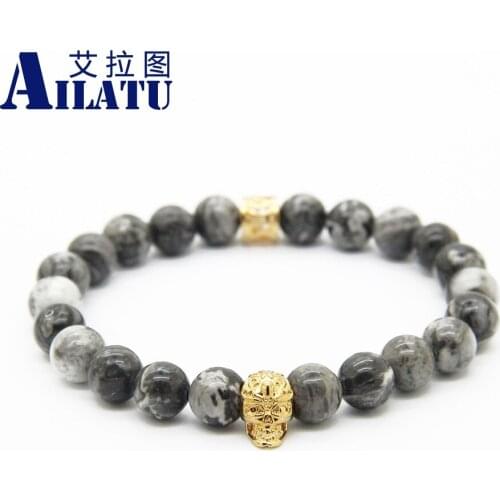 Ailatu High Grade Men Jewelry 8mm Grey Picture Stone Bead with BronzeSkull Bracelet