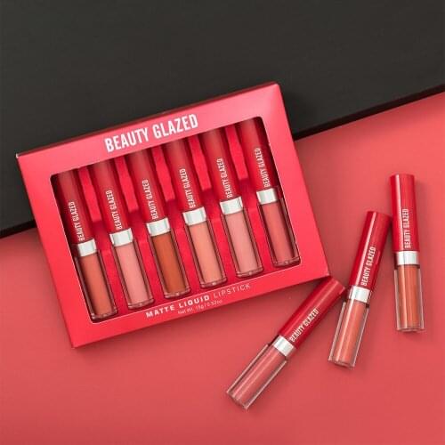 New Arrival 6pcs/set Beauty Glazed Matte Lipstick Set Lip Glaze Velvet Lip Gloss Liquid Non-stick Cup Nude Gift Cosmetics Makeup