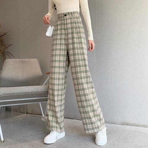 Women Stylish High Waist Plaid Wide Leg Pants 2021 Autumn Fashion Chic Loose Casual Straight Trousers
