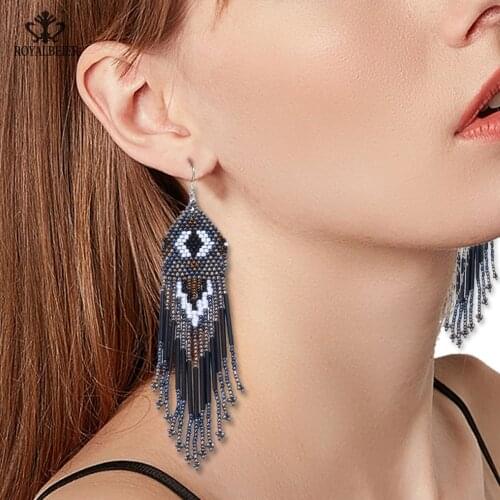 ROYALBEIER Long Beads Tassel Earrings Handmade Weaving Women Wedding Drop Earrings Boho Statement Fashion Jewelry Ethnic Drop