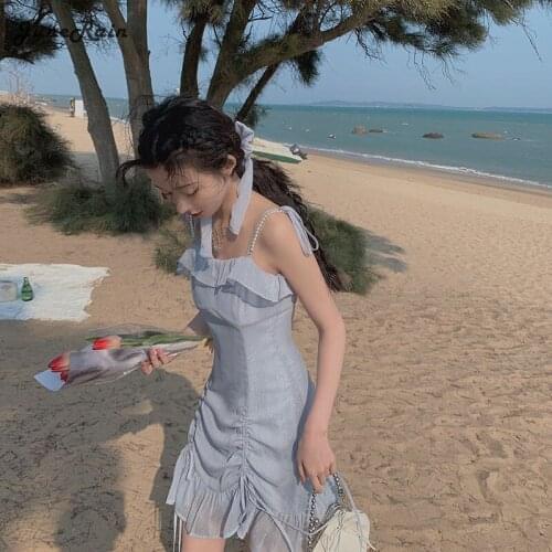 JuneRain Kawaii Sweet Blue Strap Dress Korean Designer Fit Chic Chiffon Lace-up Pink Dress Sexy Mini Party Dress Women Summer