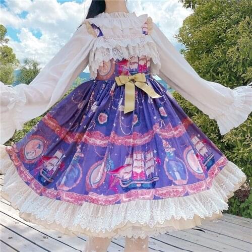 Sweet Womens Lolita JSK Dress Suspender Dress Sleeveless Big Hem Purple One Piece Dress Original Design Vintage Style