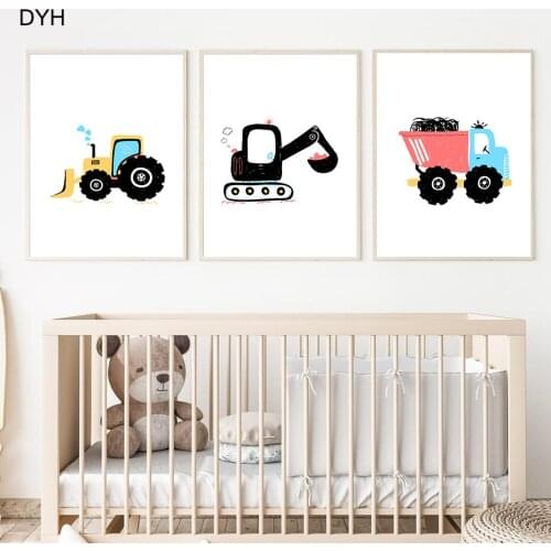 Cute Car Nursery Kids Poster Excavator Mud truck Bulldozer Wall Art Print Picture Canvas Painting Boy Room Decoretion