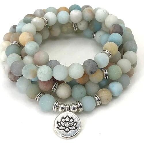 Fashion Women bracelet Matte Frosted Amazonite beads with Lotus OM Buddha Charm Yoga Bracelet 108 mala necklace dropshipping