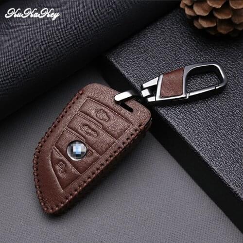 KUKAKEY New Brown Leather Key Case for BMW X5 X6 2014 2015 2016 F15 2&3 Buttons Smart Key Leather Shell Bag Holder Accessoires