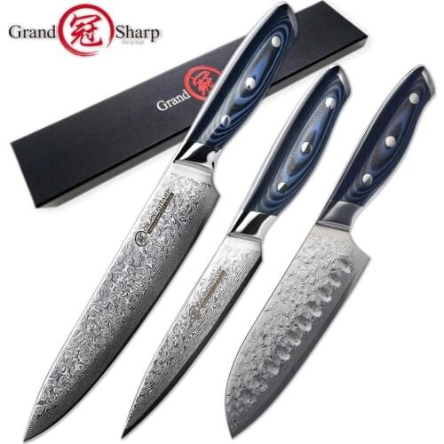 GRANDSHARP 3-Piece Damascus Knife Set 67 Layers Japanese Damascus Steel vg10 Chef Santoku Utility Kitchen Knives Pro Tools NEW