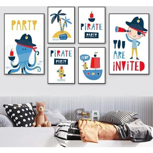Palm Octopus Bird Pirate Island Cartoon Wall Art Canvas Painting Nordic Poster And Prints Wall Pictures Kids Room Nursery Decor