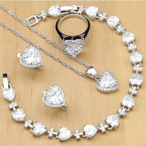 Heart Silver 925 Jewelry Sets White Cubic Zirconia Decoration Women Engagement Earrings/Pendant/Rings/Bracelet/Necklace Set