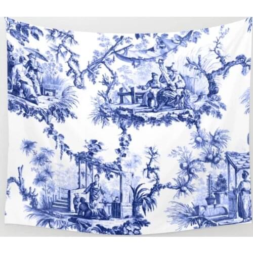 Blue Chinoiserie Toile Tapestry Wall Hanging Bedspread Wall Art Blanket Sheet Throw Towel Personalized Living Room Tapestries