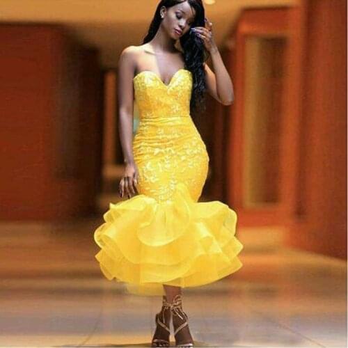 Sexy Yellow Draped Sequined Mermaid Cocktail Dresses Simple Sleeveless Sweetheart Neck Tea-length Party Gown коктейльное платье