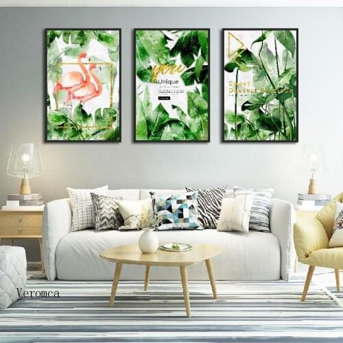 Nordic Modern Poster Green Plants Leaf Flamingo Canvas Painting and Prints Wall Art Pictures for Living Room Home Decoration