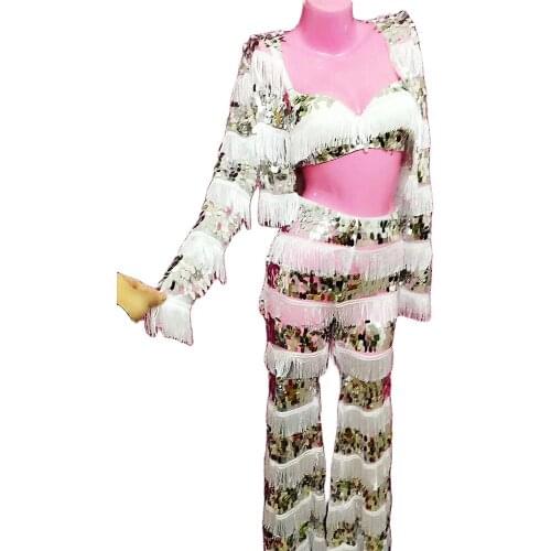 Shining White Fringes Bra Pants Coat Sparkling Sequin 3 Pieces Set Evening Party Birthday Outfit Singer Performance Stage Wear