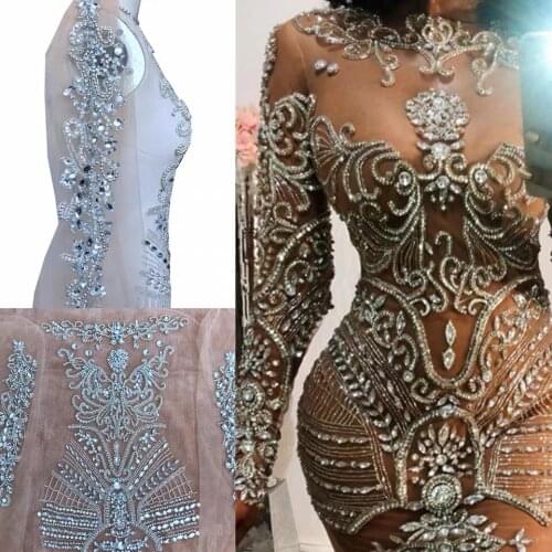 Gorgeous Lace Fabric panel Rhinestone applique bodice large crystal bodice applique patch for wedding haute couture applique