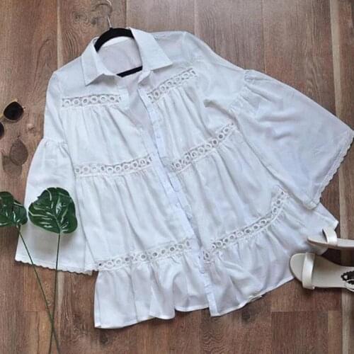 Womens Summer White Knit Hollow Blouse Flare Sleeve Beach Blouse Vacation Sun Protection Wears Beach Blouse Hot Sale