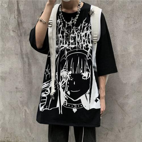 Streetwear Manga Vintage Punk New Fashion Japan Harajuku Gothic Goth Tee Shirt Top Y2k Kpop Graphic T Shirts Woman Tshirts