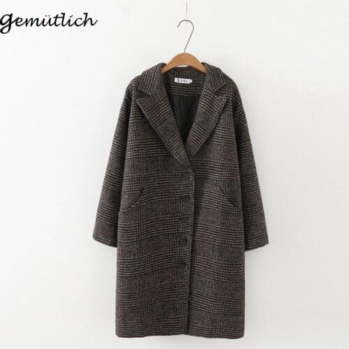 GEMUTLICH Korean Style Women Vintage Plaid Wool Long Jacket Autumn Winter Outwear Loose Coat Over Size 3XL 4XL