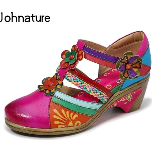 Johnature 2021 New Summer Genuine Leather Casual Hook & Loop Hand-painted Sewing Retro Flower Women Shoes Sandals