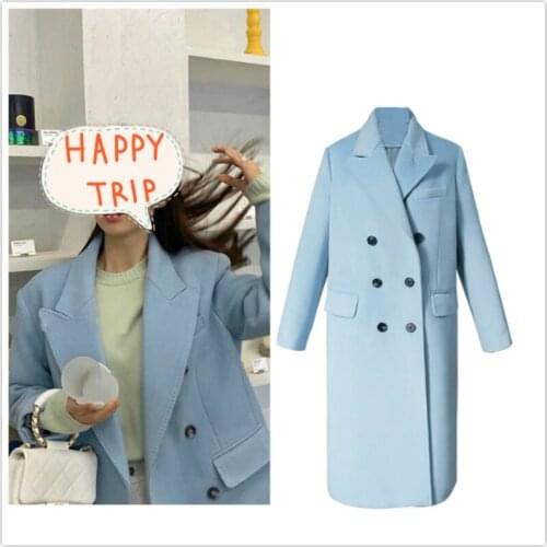 2021 New Women Autumn Winter Double Breasted Long Wool Coat Ladies Long Sleeve Overcoat Parka Jacket Blue