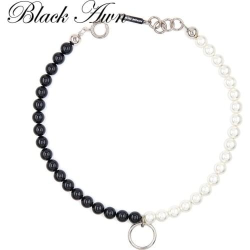 Black Awn black and white contrast pearl ring pendant short necklace female choker clavicle chain collar JUSTINE-261