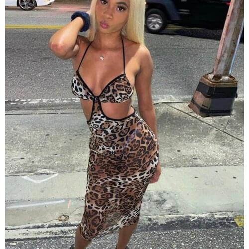 Women’s Sexy Lace-up Halter Bodycon Dress Summer Party Club Leopard Backless Skinny Mid-length Dress Ladies Sheath Dress