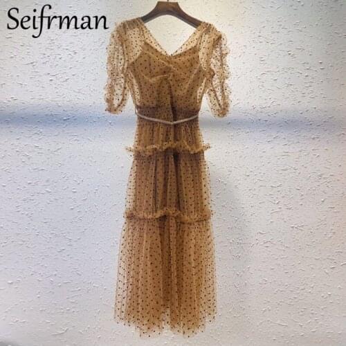 Seifrmann 2021 Summer Women Fashion Runway Midi Dress Long Sleeve High Waist Ruffles Dot Print Ladies Mesh Dresses Vestidos