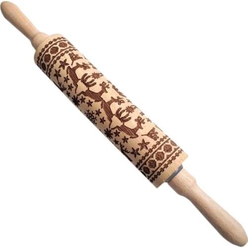 1pc Christmas Rolling Pin Wooden Elk Embossed Dough Roller Baking Roller For Kitchen Pastry Tools For Baking