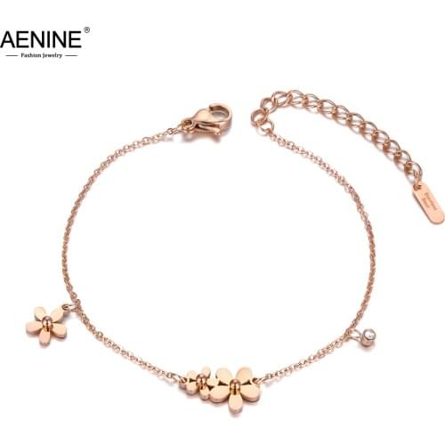 AENINE Office Style Stainless Steel Little Daisies Charm Bracelets For Women Chain & Link Summer Beach Bracelet Jewelry AB20009