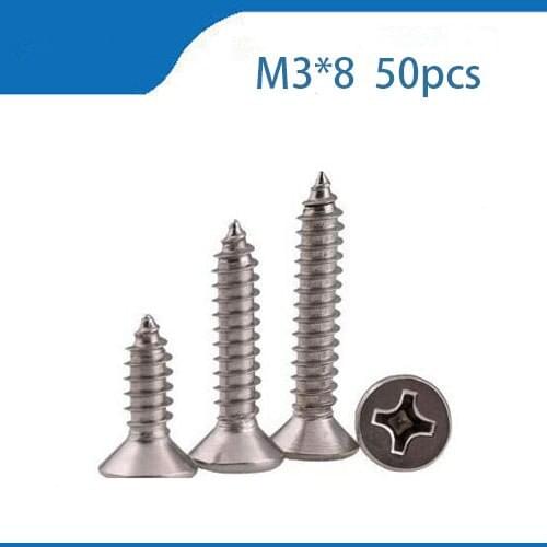 Free shipping 50 Pcs/Lot M3*8 304 stainless steel Flat Head cross phillips countersunk self tapping screw 8mm