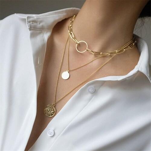 KSRA Bohemian Multi-layered Portrait Coin Necklace For Women Gold Geometric Round Ring Pendant Necklaces Sweater Jewelry
