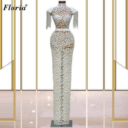 Long White Pearls Evening Dresses Arabic Evening Gowns For Women Party Turkish Couture Celebrity Dresses Vestidos De Noche