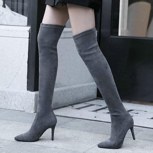EshtonShero Shoes Woman Over The Knee Boots Thin High Heels Zipper Elastic Winter Woman Ladies Motorcycle Boots Size 3-8