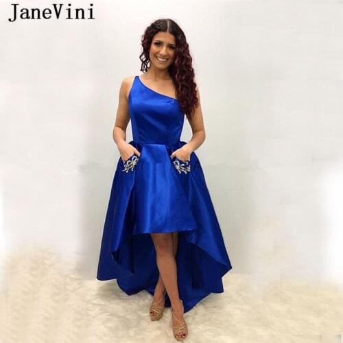 JaneVini Elegant Royal Blue High Low Prom Dresses Long Plus Size One Shoulder Sleeveless Beaded Satin Formal Dress Custom Made