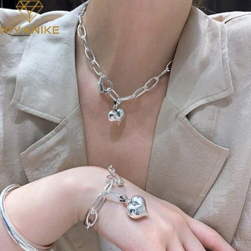 XIYANIKE 925 Sterling Silver Big Love Heart Thick Chain Necklace Bracelet Set Women Fashion Creative Jewelry Accessories Party