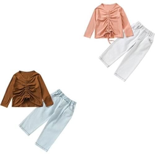 Little Girls T-shirt and Trousers Suit Fashion Solid Color Drawstring Long Sleeve V-Neck Tops and Denim Pants, 1-6Years