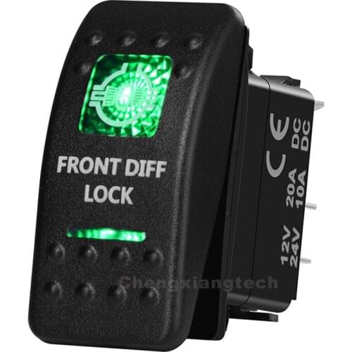 Front Diff Lock 5 Pin On Off Green Led Backlit Printed Rocker Switch for Car Boat Truck 12v 24v SPST Waterproof