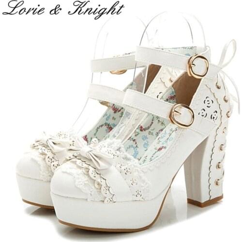 Japanese Style Sweet Bow Lace Candy Color Princess Shoes Buckle Strap High Heels Sweet Lolita Shoes PINK/WHITE/Apricot