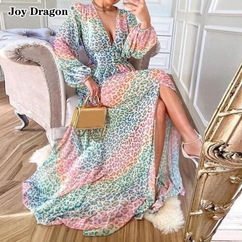 Fashion Elegant Women Long Sleeve Maxi Dress Casual Multicolor Leopard Printed Sexy Long Skirt Party Female Clothing Plus Size