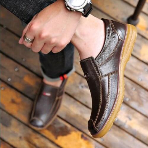 LIHUAMAO British style penny loafers for men shoes cow leather round toe slip on flats loafers comfort work party dress shoes